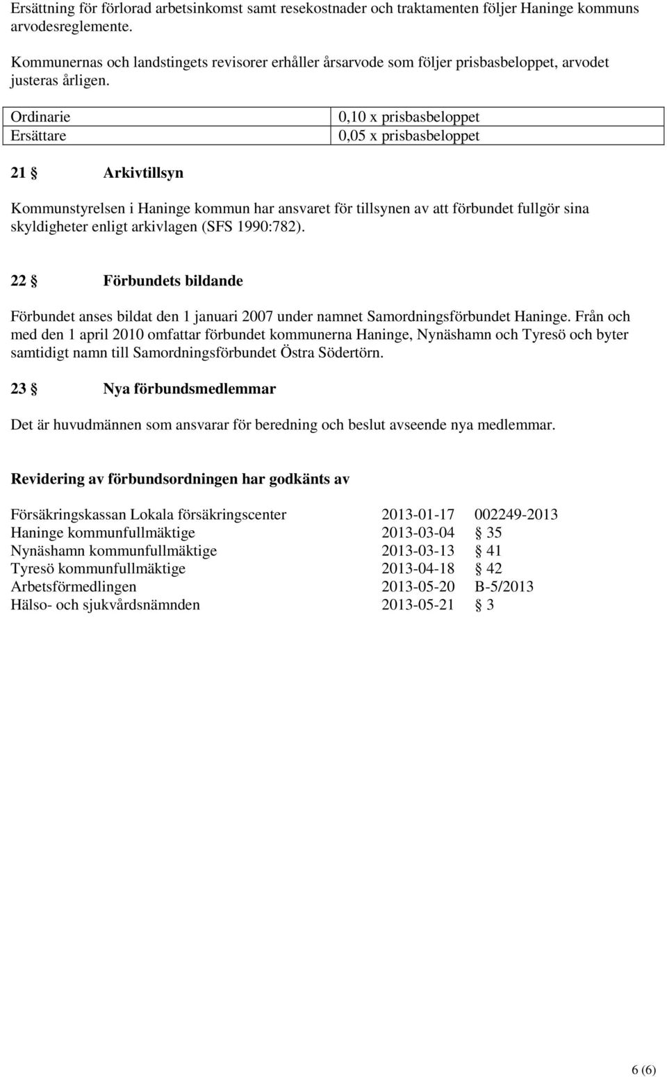 Ordinarie Ersättare 0,10 x prisbasbeloppet 0,05 x prisbasbeloppet 21 Arkivtillsyn Kommunstyrelsen i Haninge kommun har ansvaret för tillsynen av att förbundet fullgör sina skyldigheter enligt