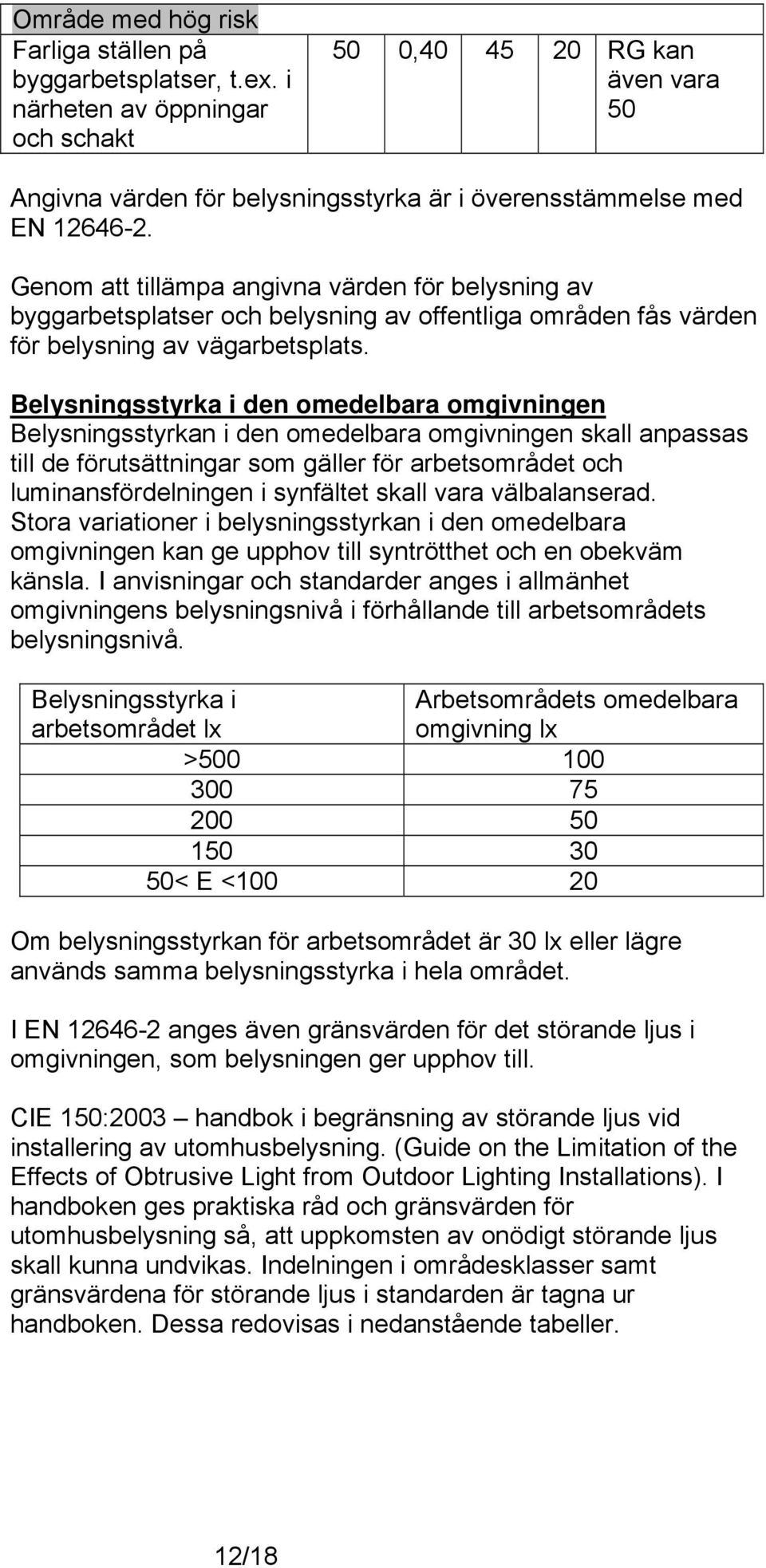 Genom att tillämpa angivna värden för belysning av byggarbetsplatser och belysning av offentliga områden fås värden för belysning av vägarbetsplats.