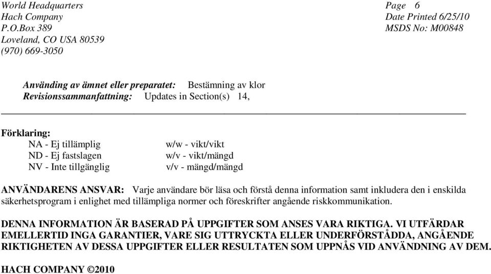 säkerhetsprogram i enlighet med tillämpliga normer och föreskrifter angående riskkommunikation. DENNA INFORMATION ÄR BASERAD PÅ UPPGIFTER SOM ANSES VARA RIKTIGA.