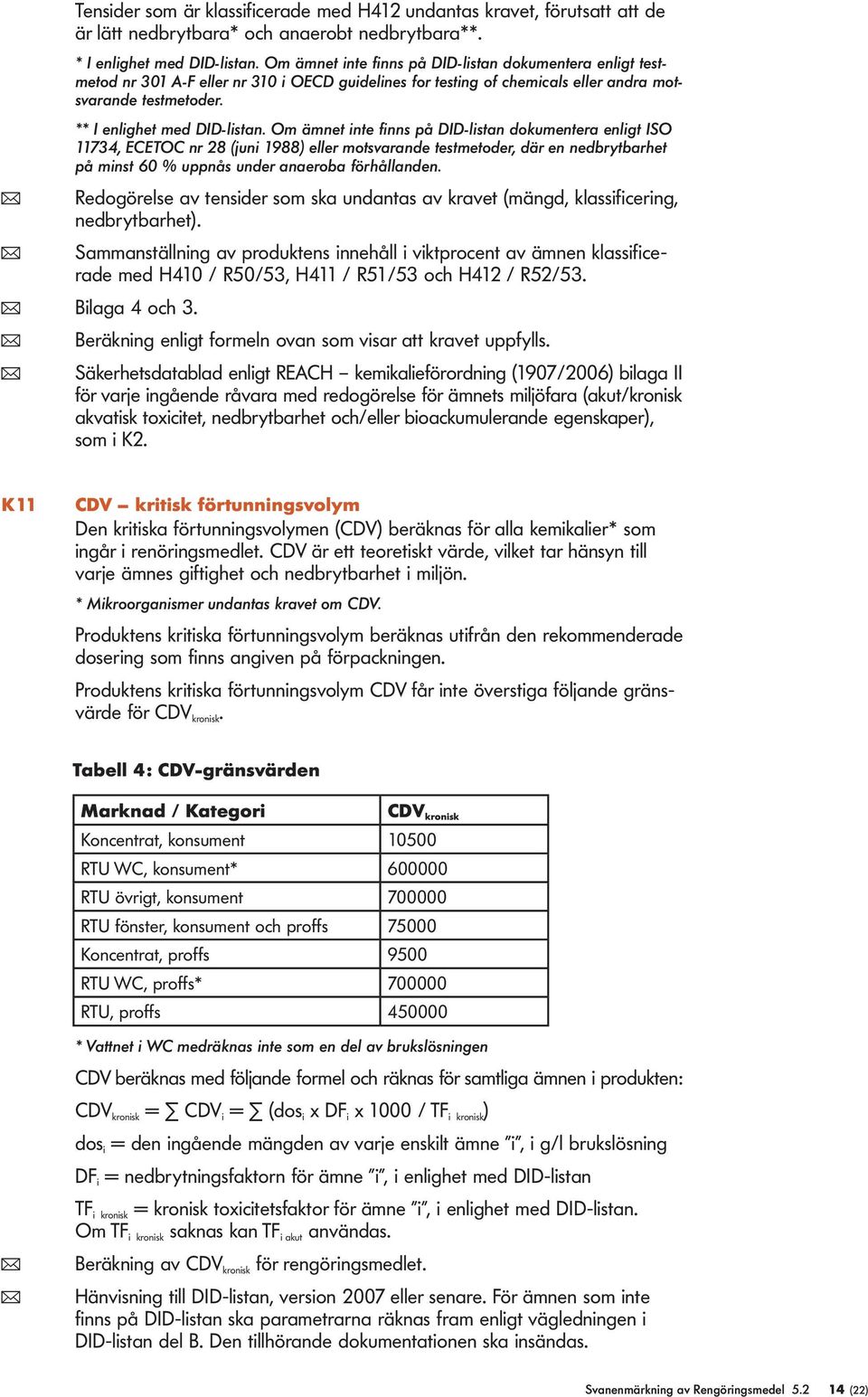 Om ämnet inte finns på DID-istan dokumentera enigt ISO 11734, ECETOC nr 28 (juni 1988) eer motsvarande testmetoder, där en nedbrytbarhet på minst 60 % uppnås under anaeroba förhåanden.