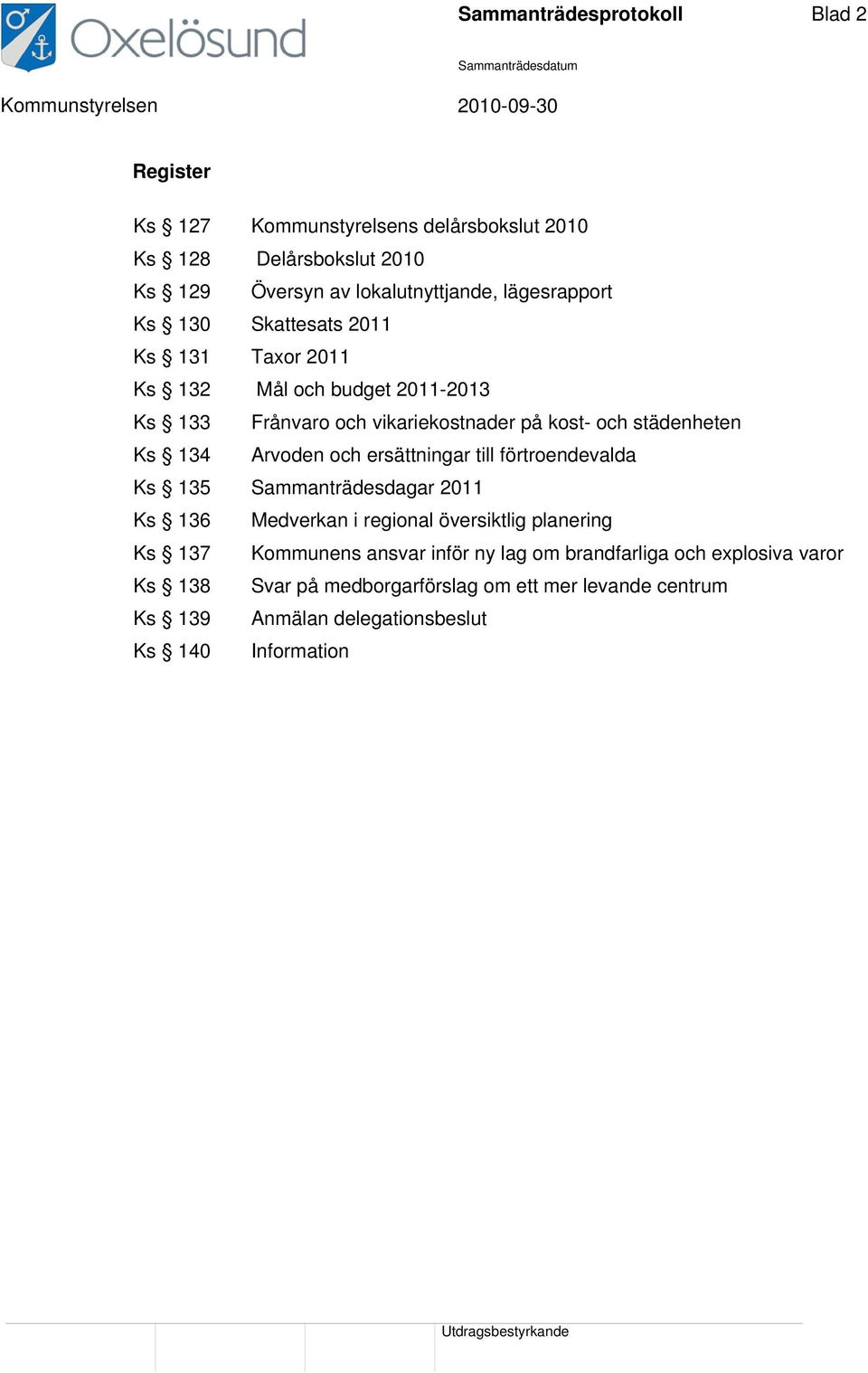 134 Arvoden och ersättningar till förtroendevalda Ks 135 Sammanträdesdagar 2011 Ks 136 Medverkan i regional översiktlig planering Ks 137 Kommunens