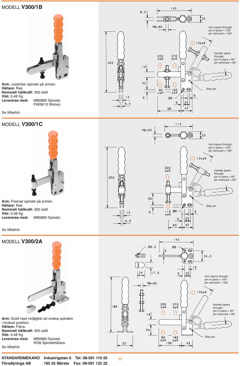 Stop pin MODELL V300/1C Arm opens through: pin in place = 105 pin removed = 160 through: pin in place = 65 pin removed = 90 Arm: Fixerad spindel på armen. Hållare: Rak.