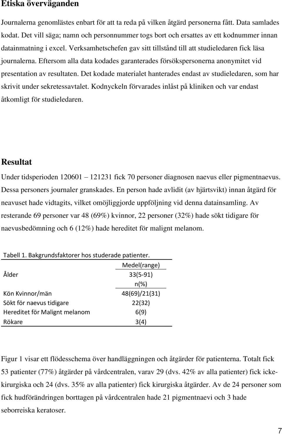 Eftersom alla data kodades garanterades försökspersonerna anonymitet vid presentation av resultaten. Det kodade materialet hanterades endast av studieledaren, som har skrivit under sekretessavtalet.