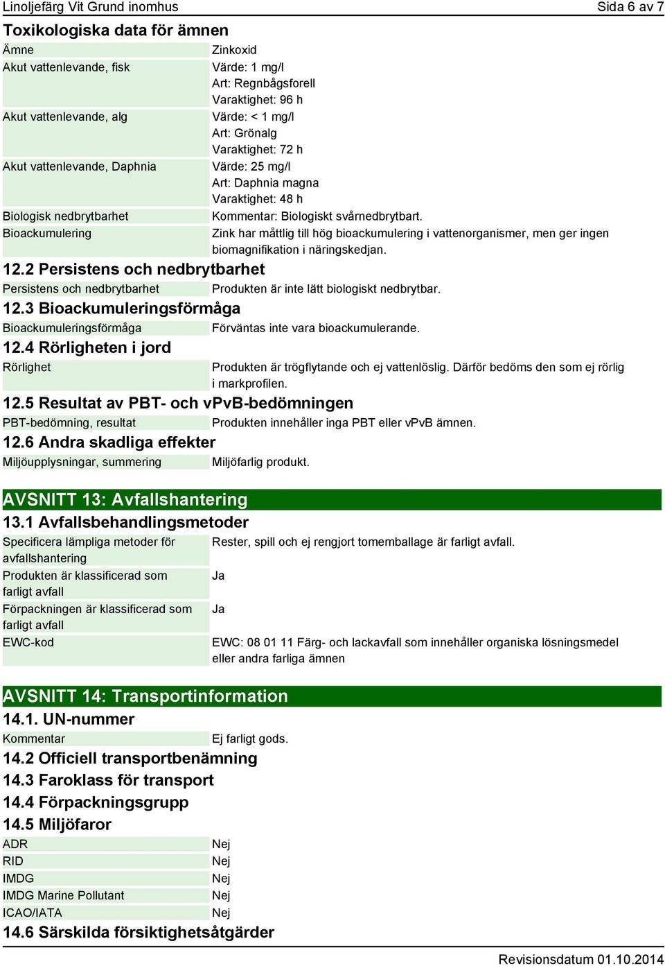 svårnedbrytbart. Zink har måttlig till hög bioackumulering i vattenorganismer, men ger ingen biomagnifikation i näringskedjan. 12.