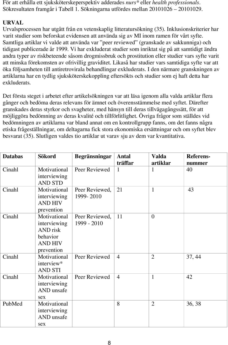 Samtliga artiklar vi valde att använda var peer reviewed (granskade av sakkunniga) och tidigast publicerade år 1999.