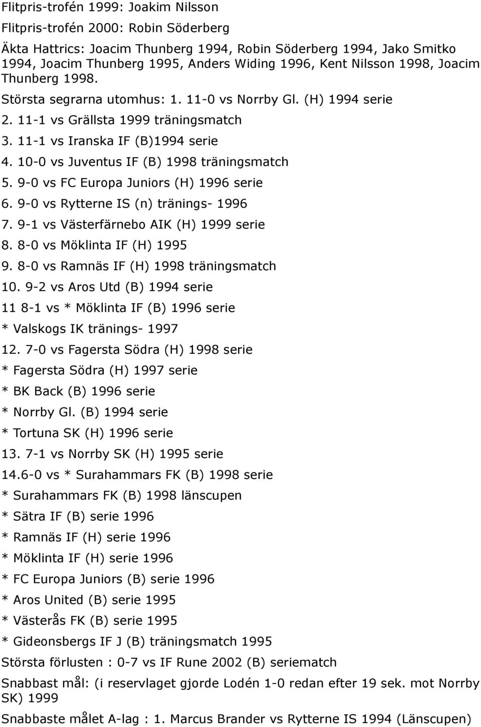 10-0 vs Juventus IF (B) 1998 träningsmatch 5. 9-0 vs FC Europa Juniors (H) 1996 serie 6. 9-0 vs Rytterne IS (n) tränings- 1996 7. 9-1 vs Västerfärnebo AIK (H) 1999 serie 8.