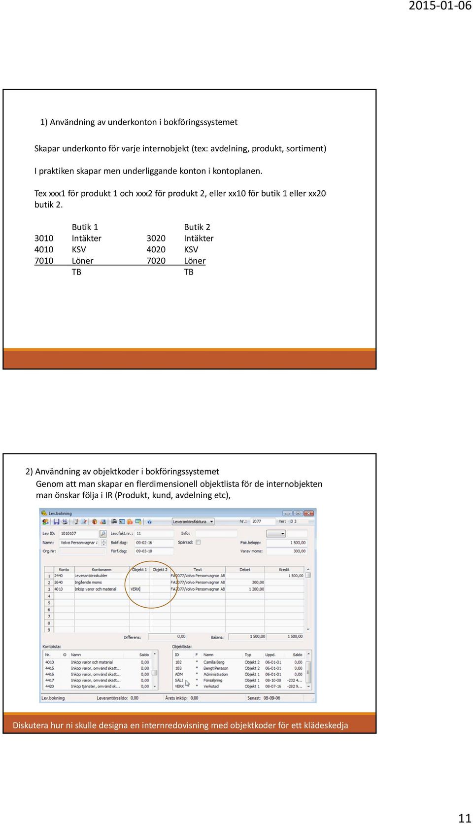 Butik 1 Butik 2 3010 Intäkter 3020 Intäkter 4010 KSV 4020 KSV 7010 Löner 7020 Löner TB TB 2) Användning av objektkoder i bokföringssystemet Genom att man