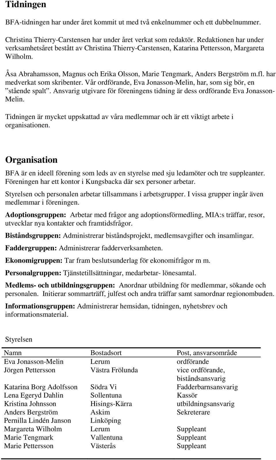 har medverkat som skribenter. Vår ordförande, Eva Jonasson-Melin, har, som sig bör, en stående spalt. Ansvarig utgivare för föreningens tidning är dess ordförande Eva Jonasson- Melin.