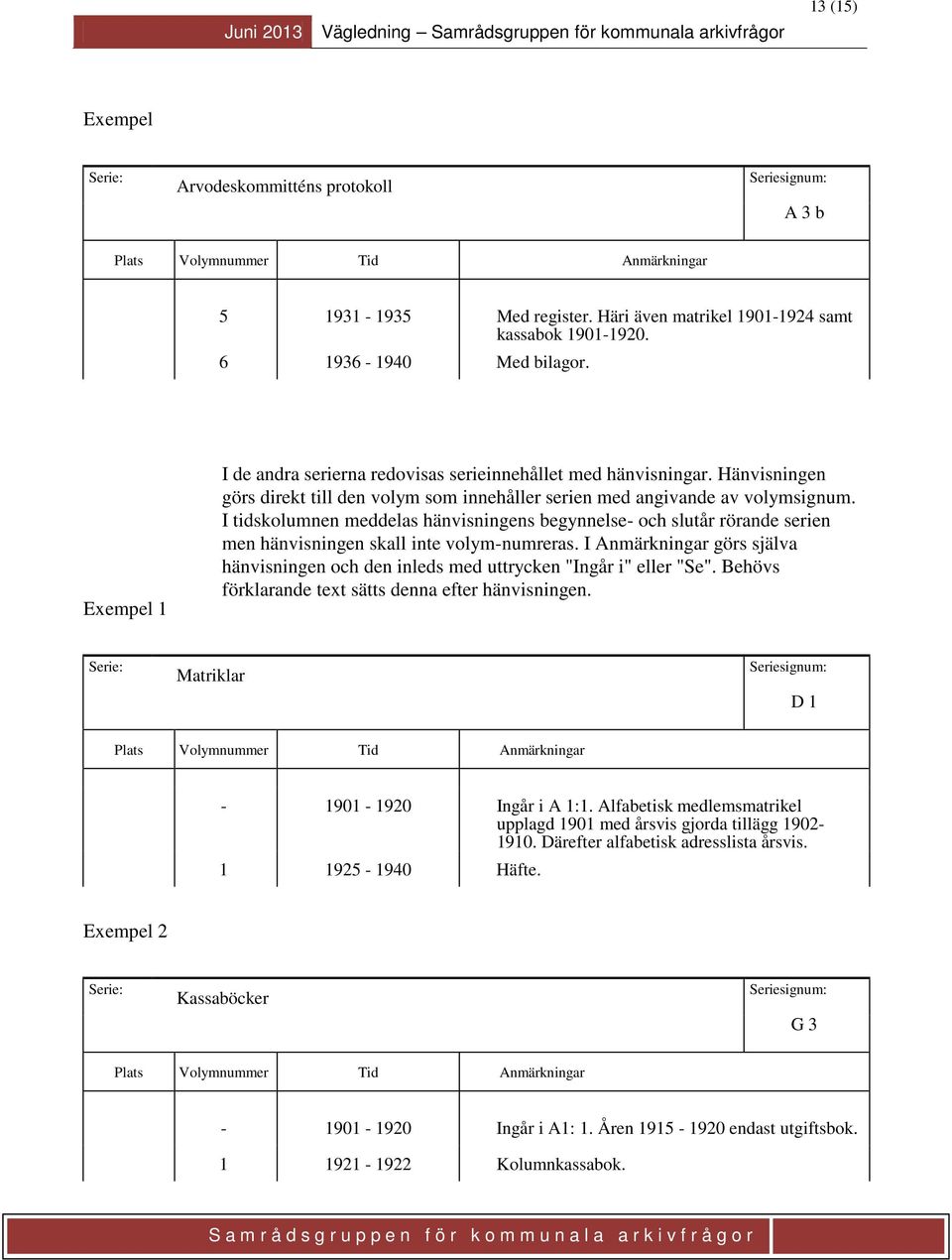 I tidskolumnen meddelas hänvisningens begynnelse- och slutår rörande serien men hänvisningen skall inte volym-numreras.