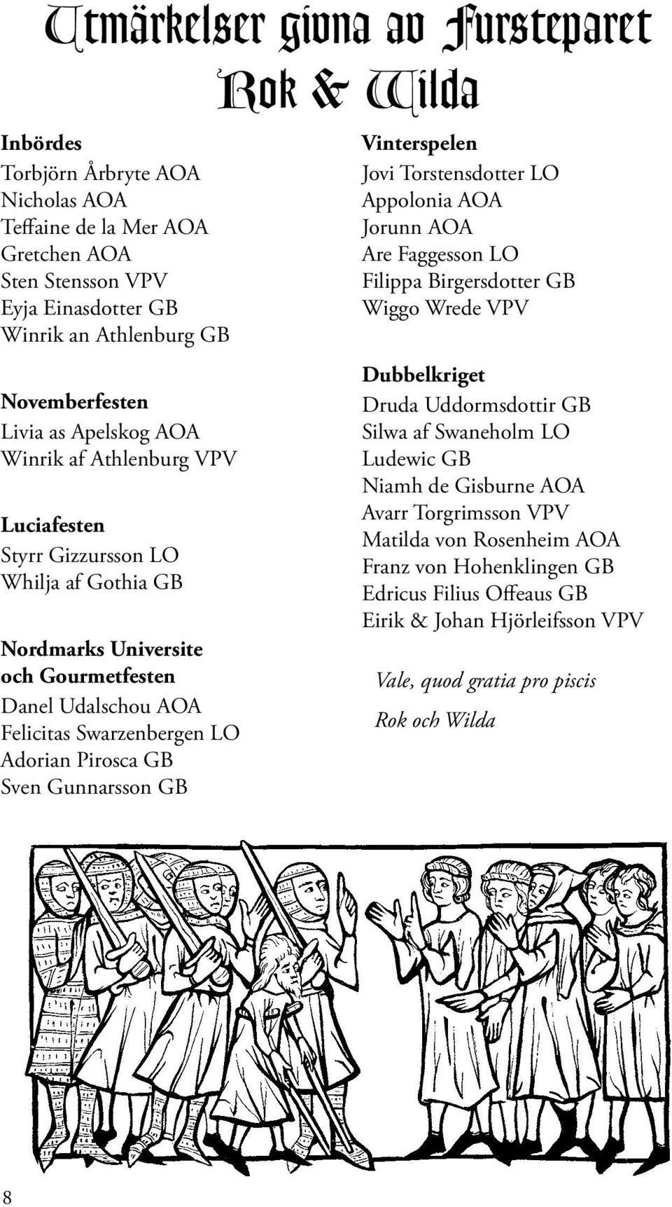 Adorian Pirosca GB Sven Gunnarsson GB Vinterspelen Jovi Torstensdotter LO Appolonia AOA Jorunn AOA Are Faggesson LO Filippa Birgersdotter GB Wiggo Wrede VPV Dubbelkriget Druda Uddormsdottir GB Silwa