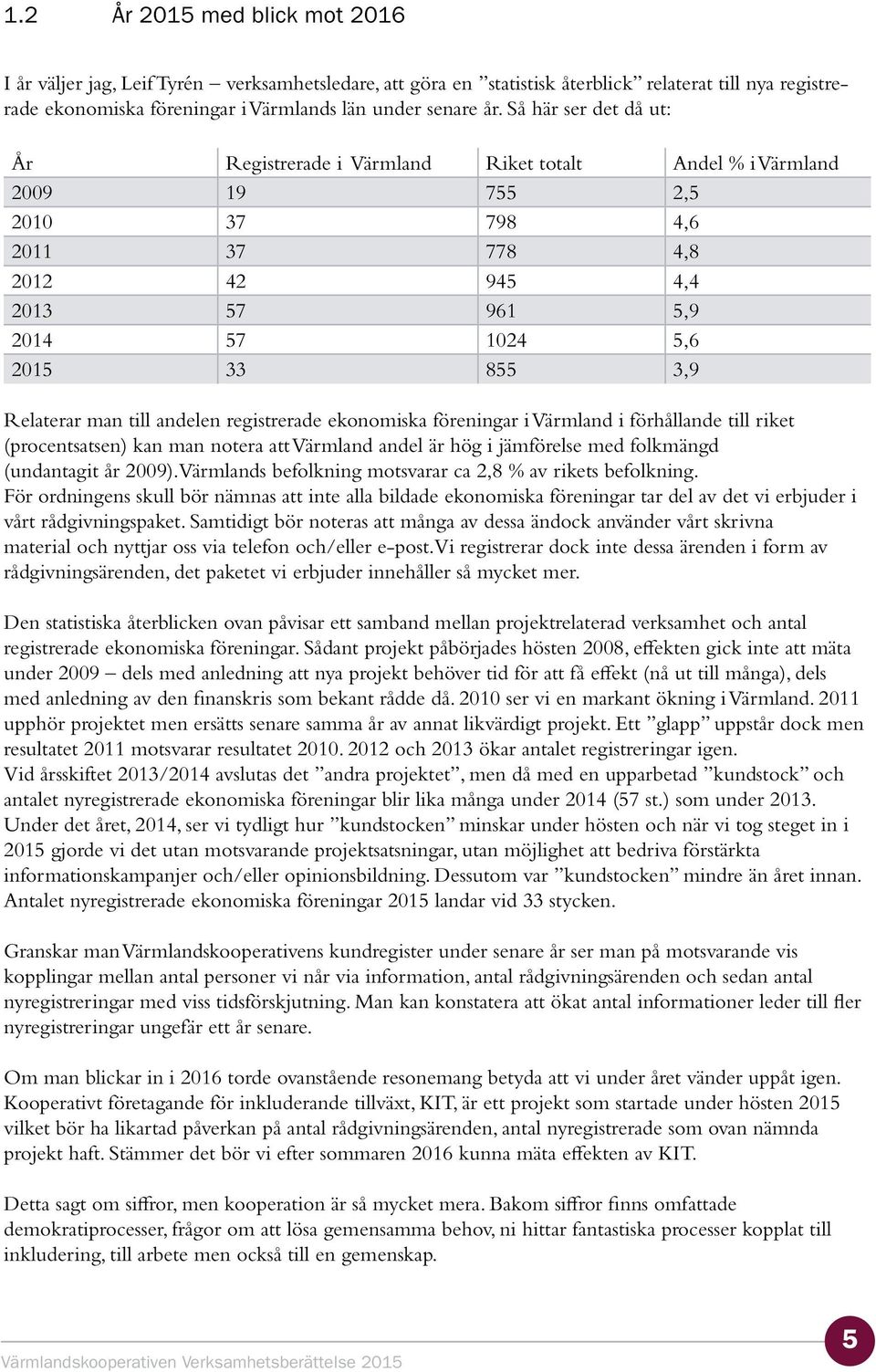 Relaterar man till andelen registrerade ekonomiska föreningar i Värmland i förhållande till riket (procentsatsen) kan man notera att Värmland andel är hög i jämförelse med folkmängd (undantagit år