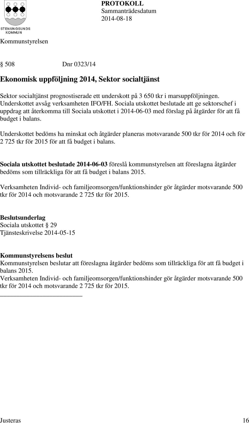 Underskottet bedöms ha minskat och åtgärder planeras motsvarande 500 tkr för 2014 och för 2 725 tkr för 2015 för att få budget i balans.