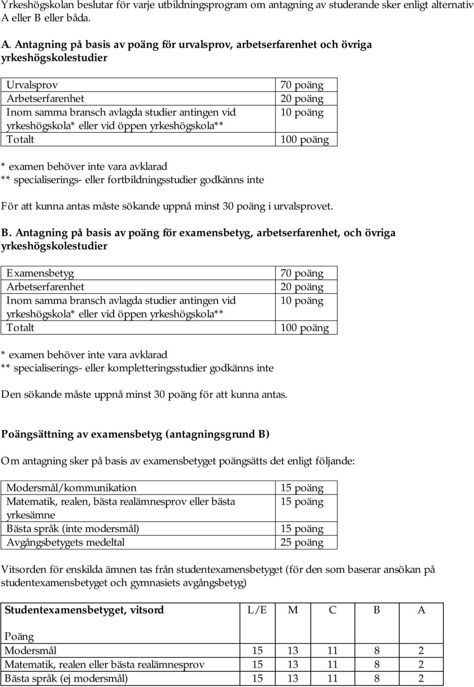 Antagning på basis av poäng för urvalsprov, arbetserfarenhet och övriga yrkeshögskolestudier Urvalsprov Arbetserfarenhet Inom samma bransch avlagda studier antingen vid yrkeshögskola* eller vid öppen