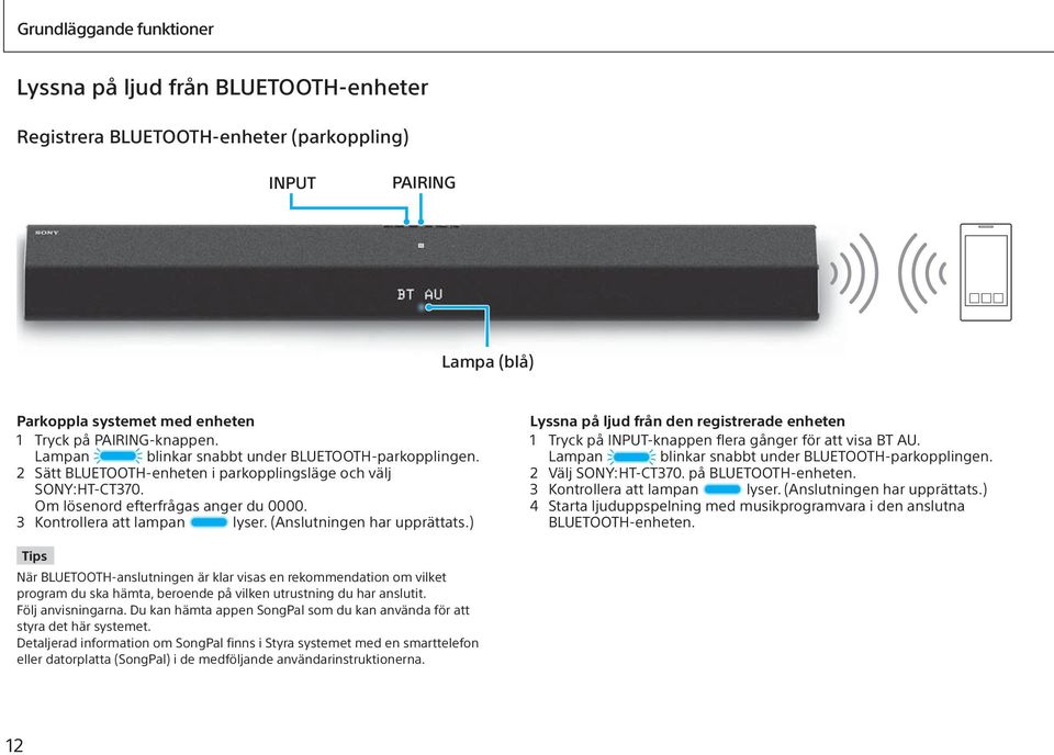 (Anslutningen har upprättats.) Lyssna på ljud från den registrerade enheten 1 Tryck på INPUT-knappen flera gånger för att visa BT AU. Lampan blinkar snabbt under BLUETOOTH-parkopplingen.