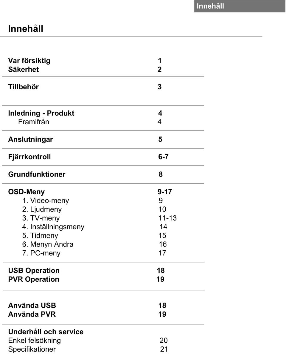 TV-meny 11-13 4. Inställningsmeny 14 5. Tidmeny 15 6. Menyn Andra 16 7.