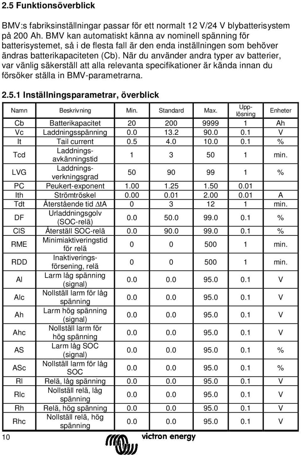 När du använder andra typer av batterier, var vänlig säkerställ att alla relevanta specifikationer är kända innan du försöker ställa in BMV-parametrarna. 2.5.