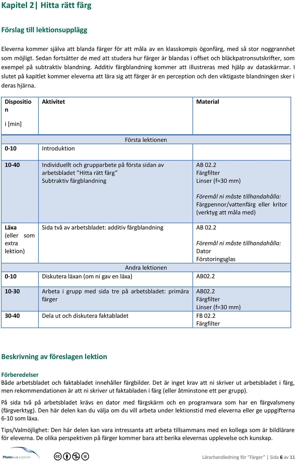 Additiv färgblandning kommer att illustreras med hjälp av dataskärmar. I slutet på kapitlet kommer eleverna att lära sig att färger är en perception och den viktigaste blandningen sker i deras hjärna.