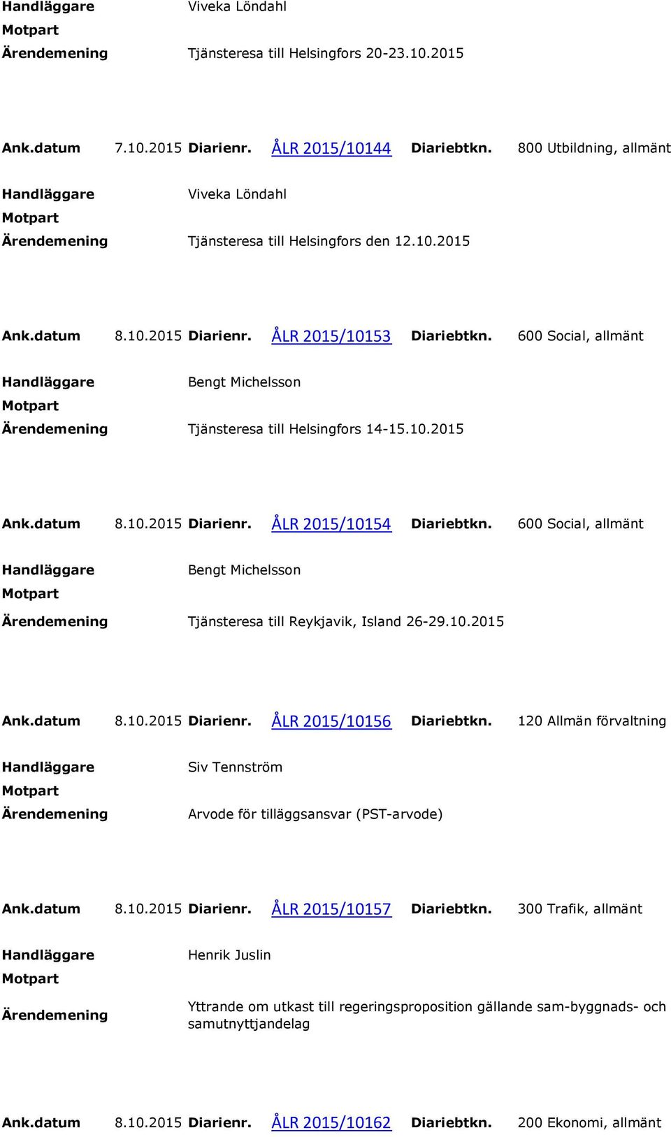 600 Social, allmänt Bengt Michelsson Tjänsteresa till Reykjavik, Island 26-29.10.2015 Ank.datum 8.10.2015 Diarienr. ÅLR 2015/10156 Diariebtkn.