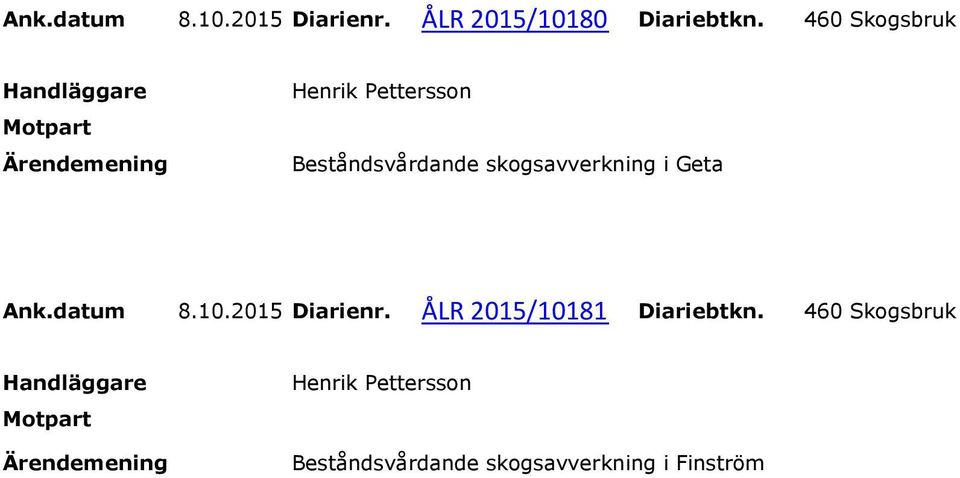 Ank.datum 8.10.2015 Diarienr. ÅLR 2015/10181 Diariebtkn.