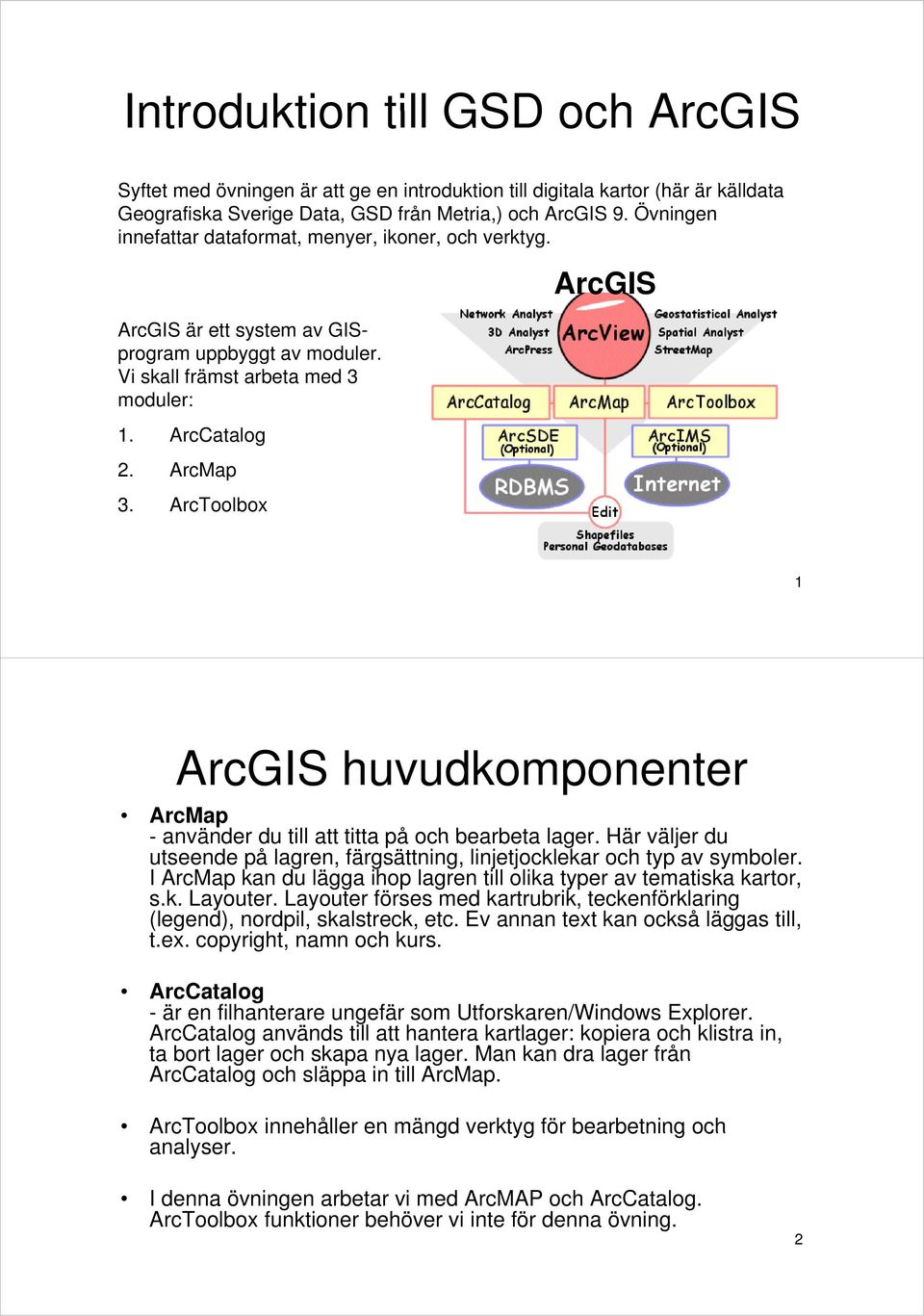 ArcToolbox ArcGIS 1 ArcGIS huvudkomponenter ArcMap - använder du till att titta på och bearbeta lager. Här väljer du utseende på lagren, färgsättning, linjetjocklekar och typ av symboler.