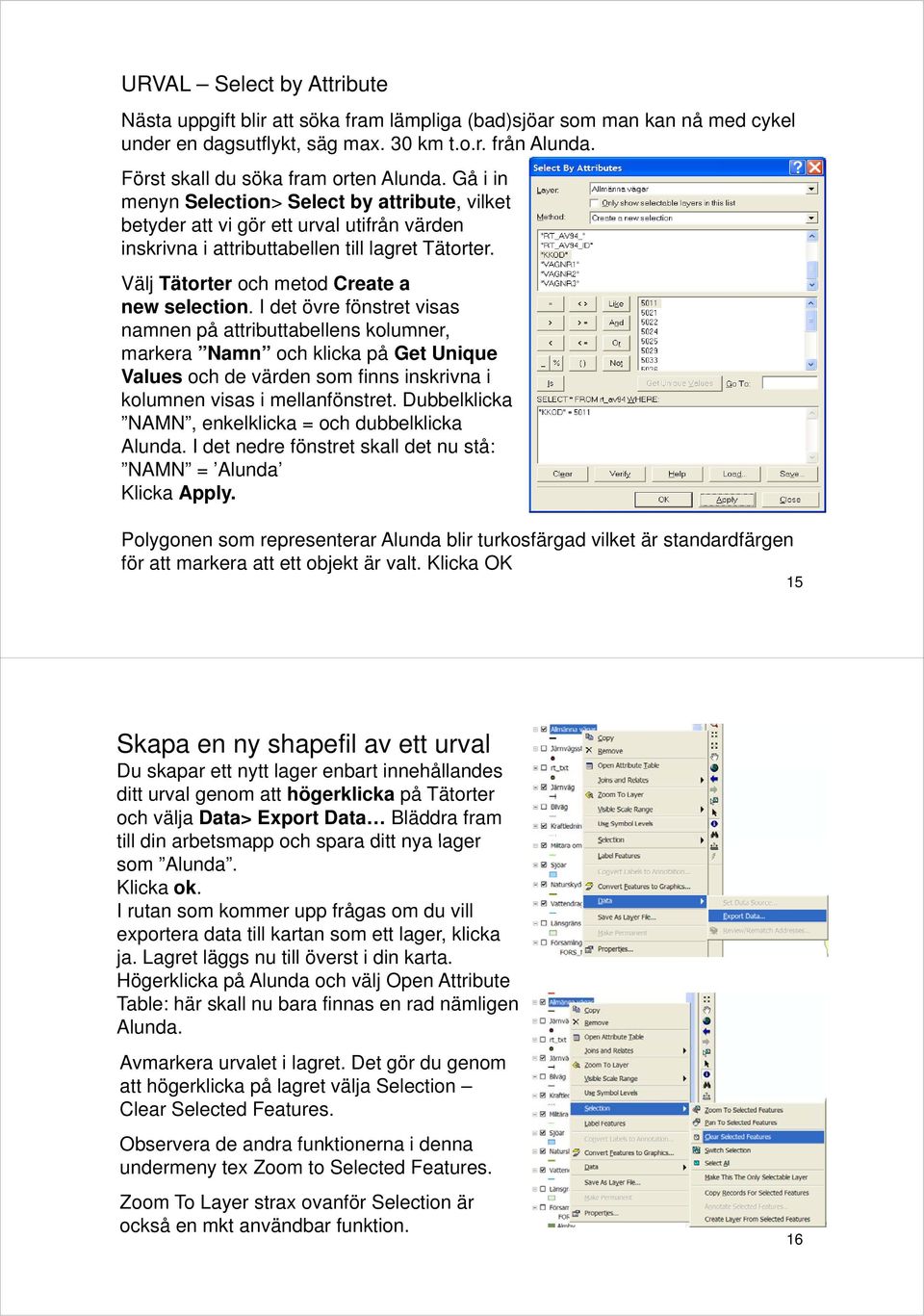 I det övre fönstret visas namnen på attributtabellens kolumner, markera Namn och klicka på Get Unique Values och de värden som finns inskrivna i kolumnen visas i mellanfönstret.