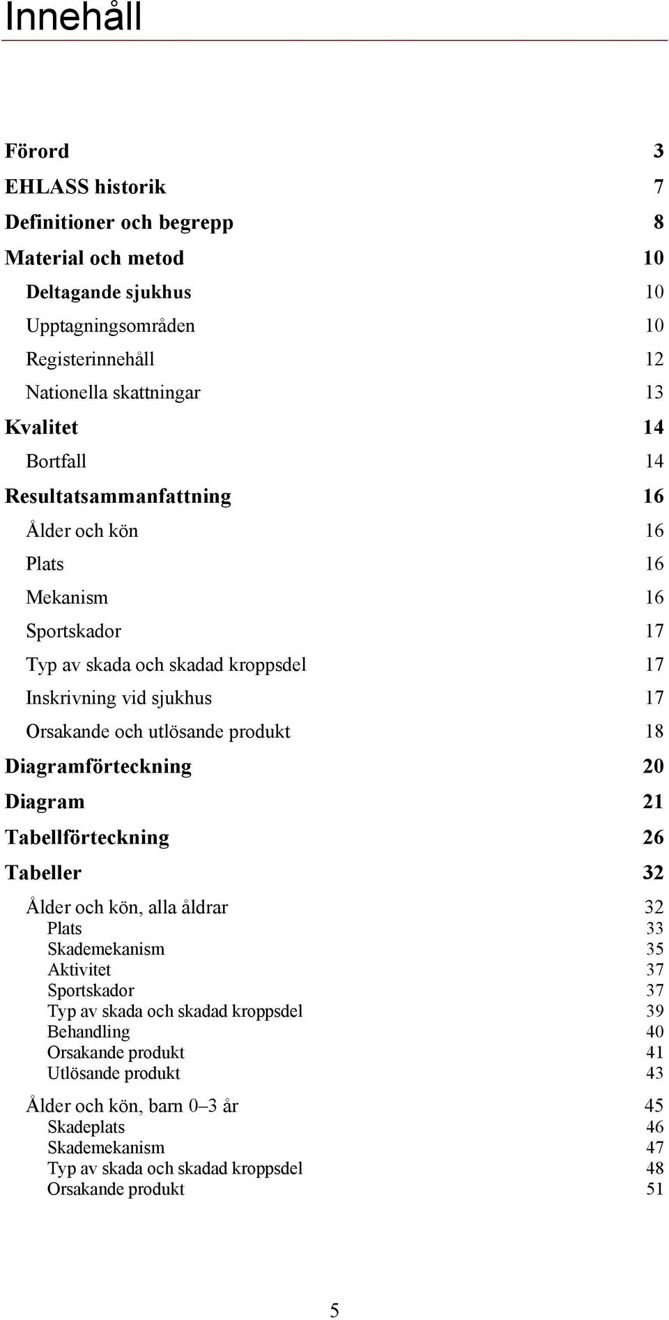 produkt 18 Diagramförteckning 20 Diagram 21 Tabellförteckning 26 Tabeller 32 Ålder och kön, alla åldrar 32 Plats 33 Skademekanism 35 Aktivitet 37 Sportskador 37 Typ av skada och skadad