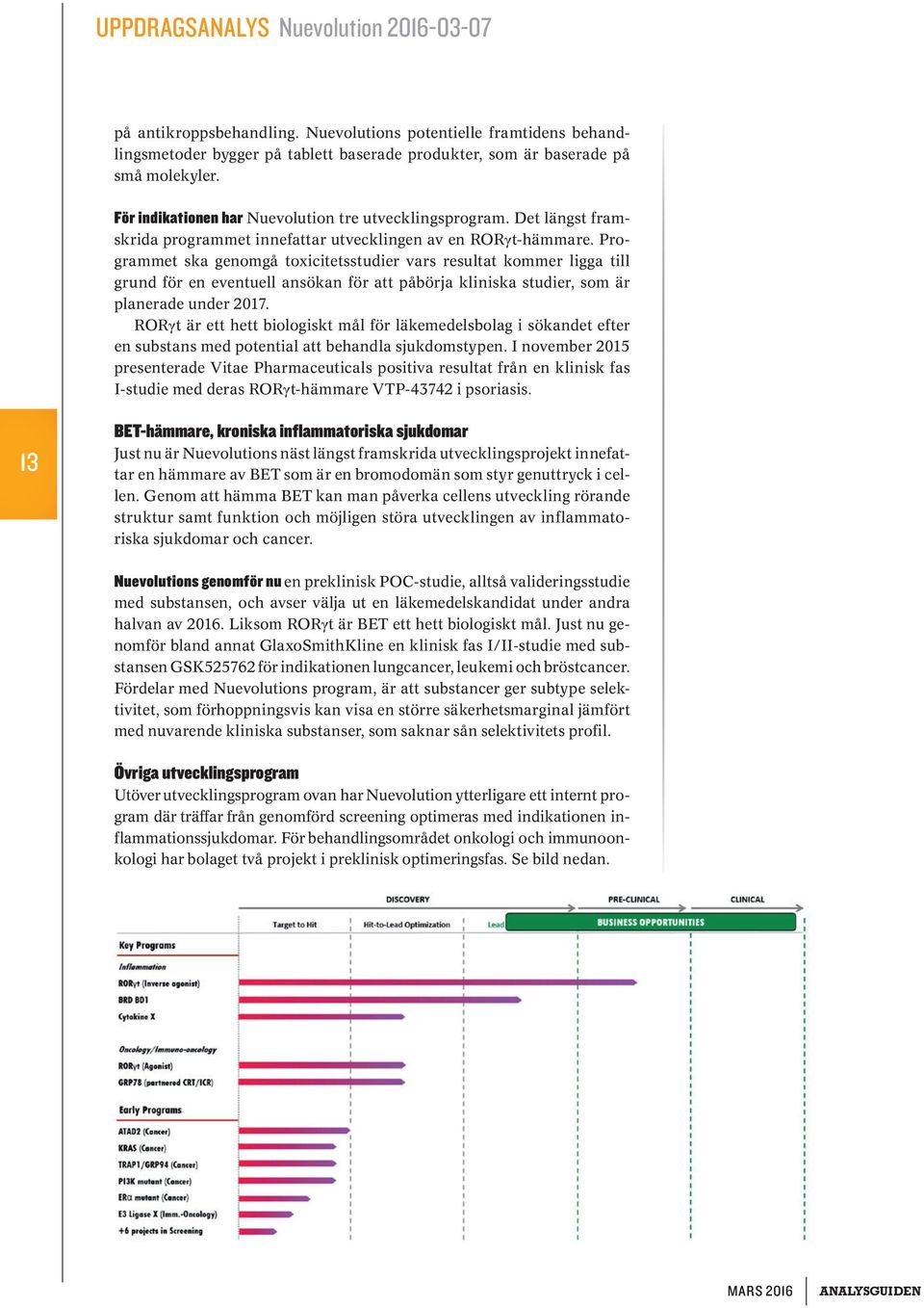 Programmet ska genomgå toxicitetsstudier vars resultat kommer ligga till grund för en eventuell ansökan för att påbörja kliniska studier, som är planerade under 2017.