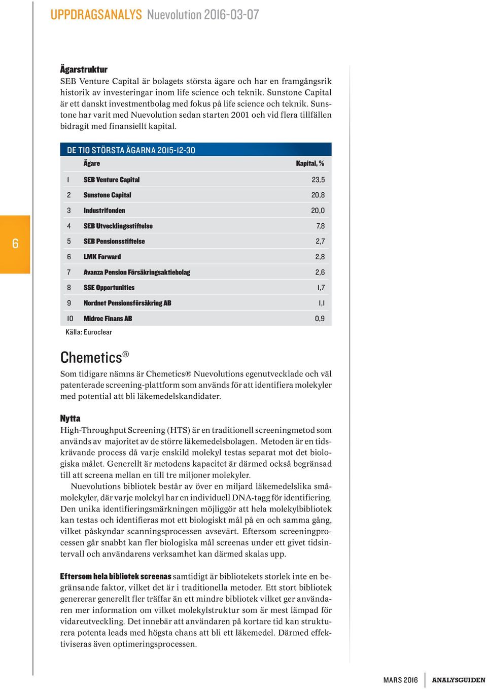 DE TIO STÖRSTA ÄGARNA 2015-12-30 Ägare Kapital, % 1 SEB Venture Capital 23,5 2 Sunstone Capital 20,8 3 Industrifonden 20,0 6 4 SEB Utvecklingsstiftelse 7,8 5 SEB Pensionsstiftelse 2,7 6 LMK Forward