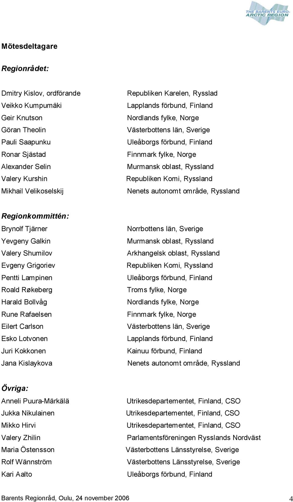 autonomt område, Ryssland Regionkommittén: Brynolf Tjärner Yevgeny Galkin Valery Shumilov Evgeny Grigoriev Pentti Lampinen Roald Røkeberg Harald Bollvåg Rune Rafaelsen Eilert Carlson Esko Lotvonen