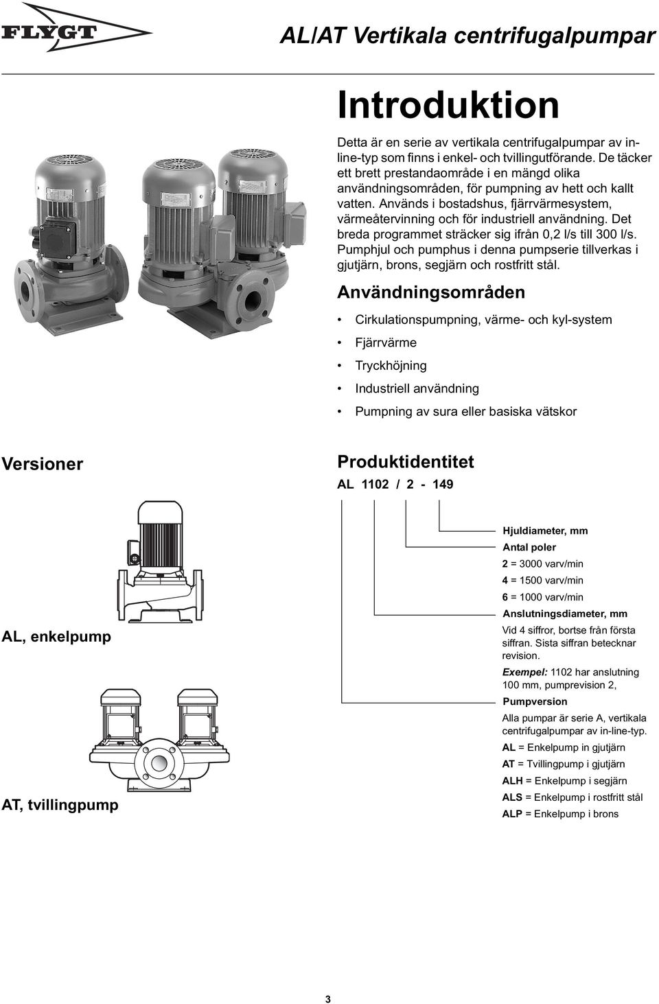 Det breda prograet sträcker sig ifrån 0,2 l/s till 300 l/s. Pumphjul och pumphus i denna pumpserie tillverkas i gjutjärn, brons, segjärn och rostfritt stål.