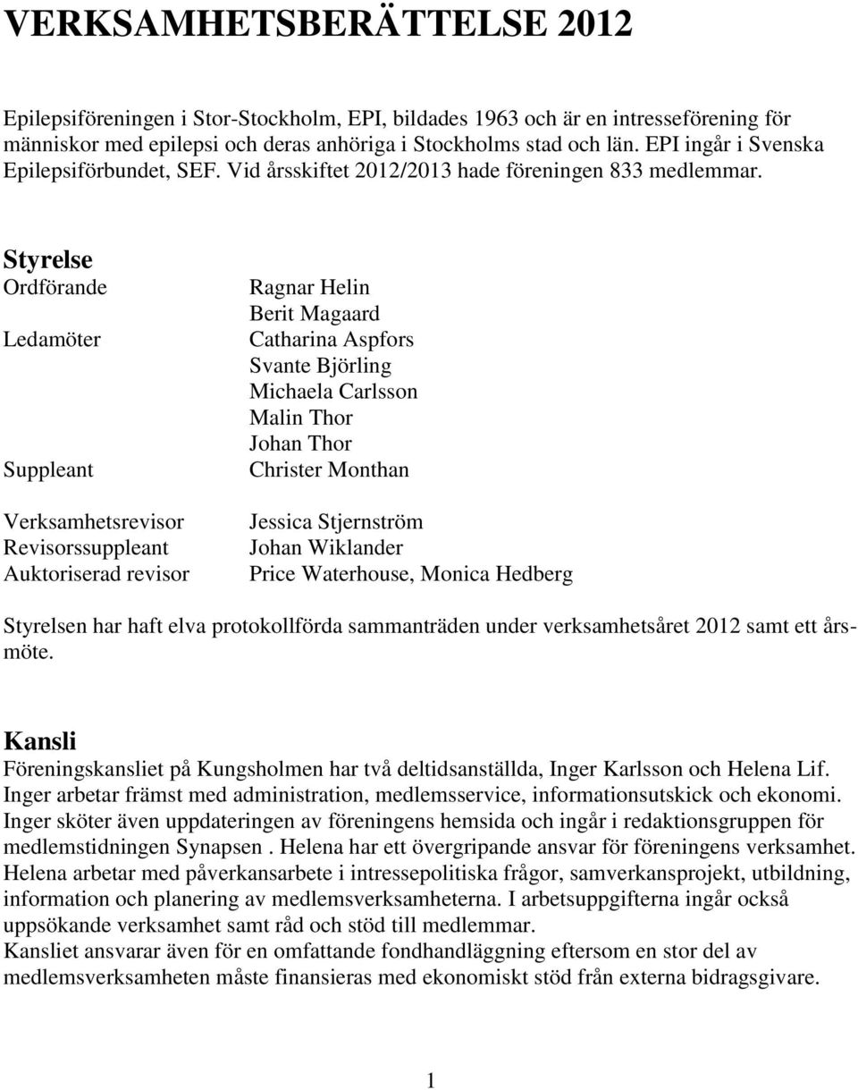 Styrelse Ordförande Ledamöter Suppleant Verksamhetsrevisor Revisorssuppleant Auktoriserad revisor Ragnar Helin Berit Magaard Catharina Aspfors Svante Björling Michaela Carlsson Malin Thor Johan Thor