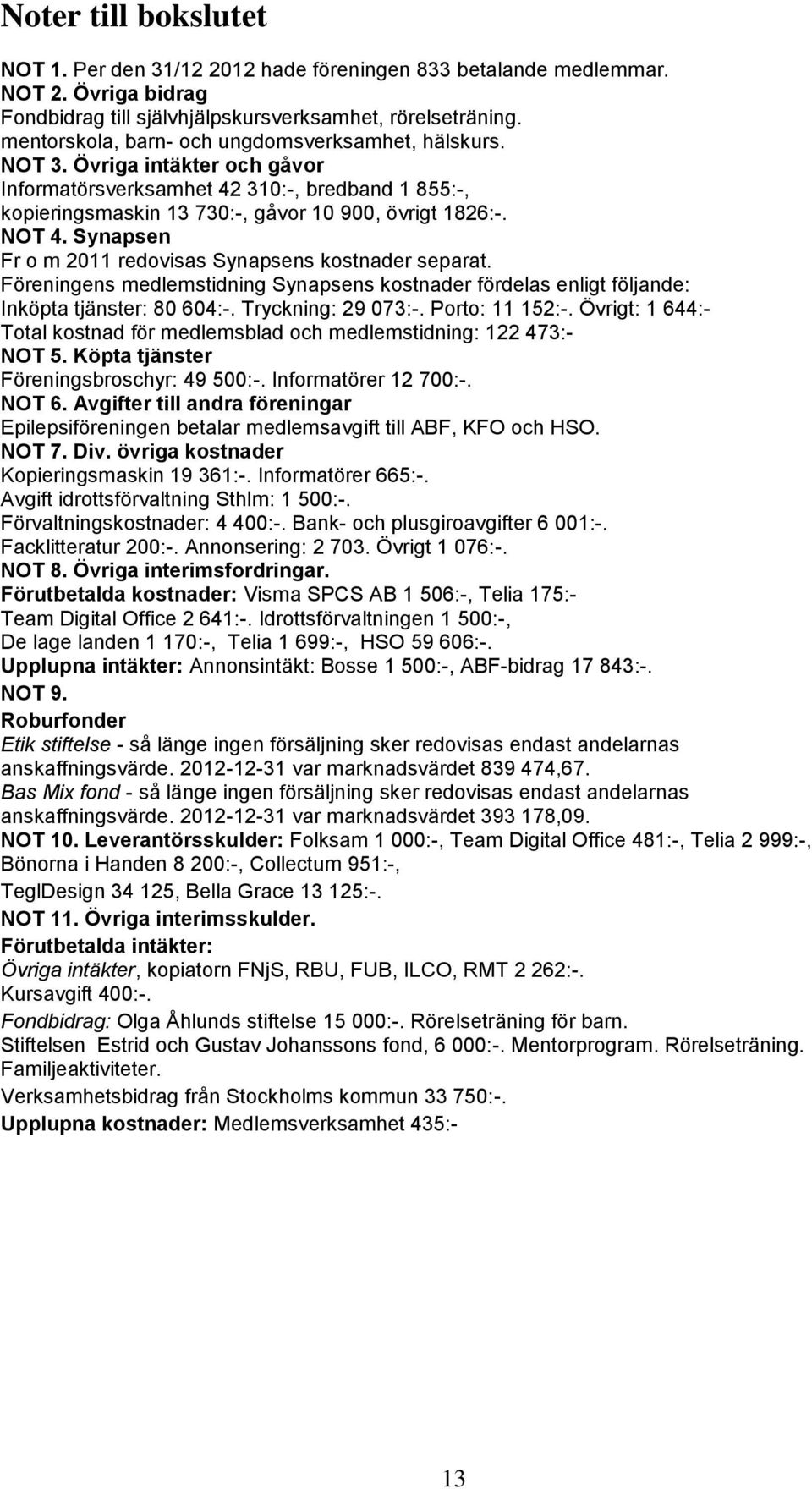 Synapsen Fr o m 2011 redovisas Synapsens kostnader separat. Föreningens medlemstidning Synapsens kostnader fördelas enligt följande: Inköpta tjänster: 80 604:-. Tryckning: 29 073:-. Porto: 11 152:-.