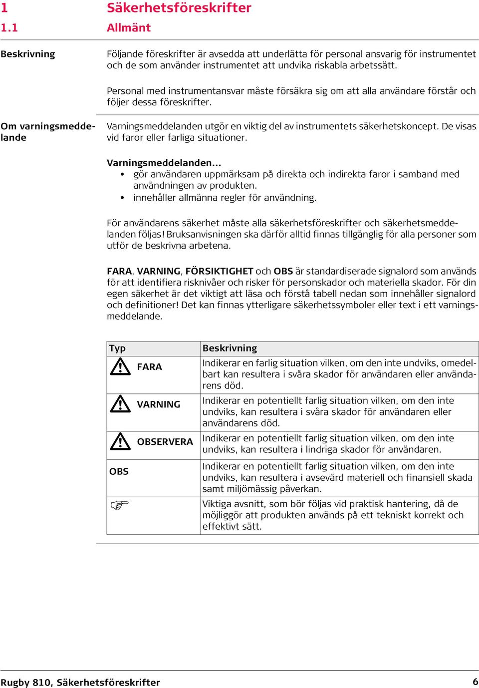 Om varningsmeddelande Varningsmeddelanden utgör en viktig del av instrumentets säkerhetskoncept. De visas vid faror eller farliga situationer. Varningsmeddelanden... gör användaren uppmärksam på direkta och indirekta faror i samband med användningen av produkten.