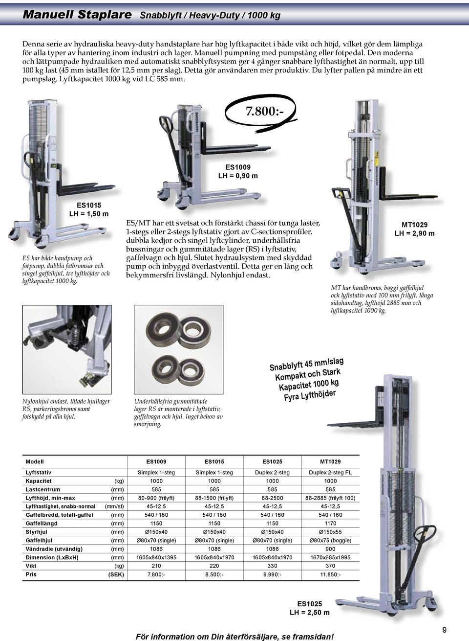 Den moderna och lättpumpade hydrauliken med automatiskt snabblyftsystem ger 4 gånger snabbare lyfthastighet än normalt, upp till 100 kg last (45 mm istället för 12,5 mm per slag).