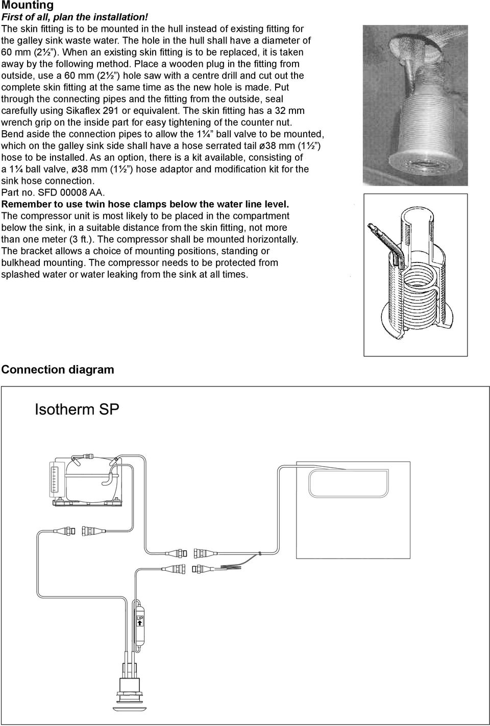 Place a wooden plug in the fi tting from outside, use a 60 mm (2½ ) hole saw with a centre drill and cut out the complete skin fi tting at the same time as the new hole is made.