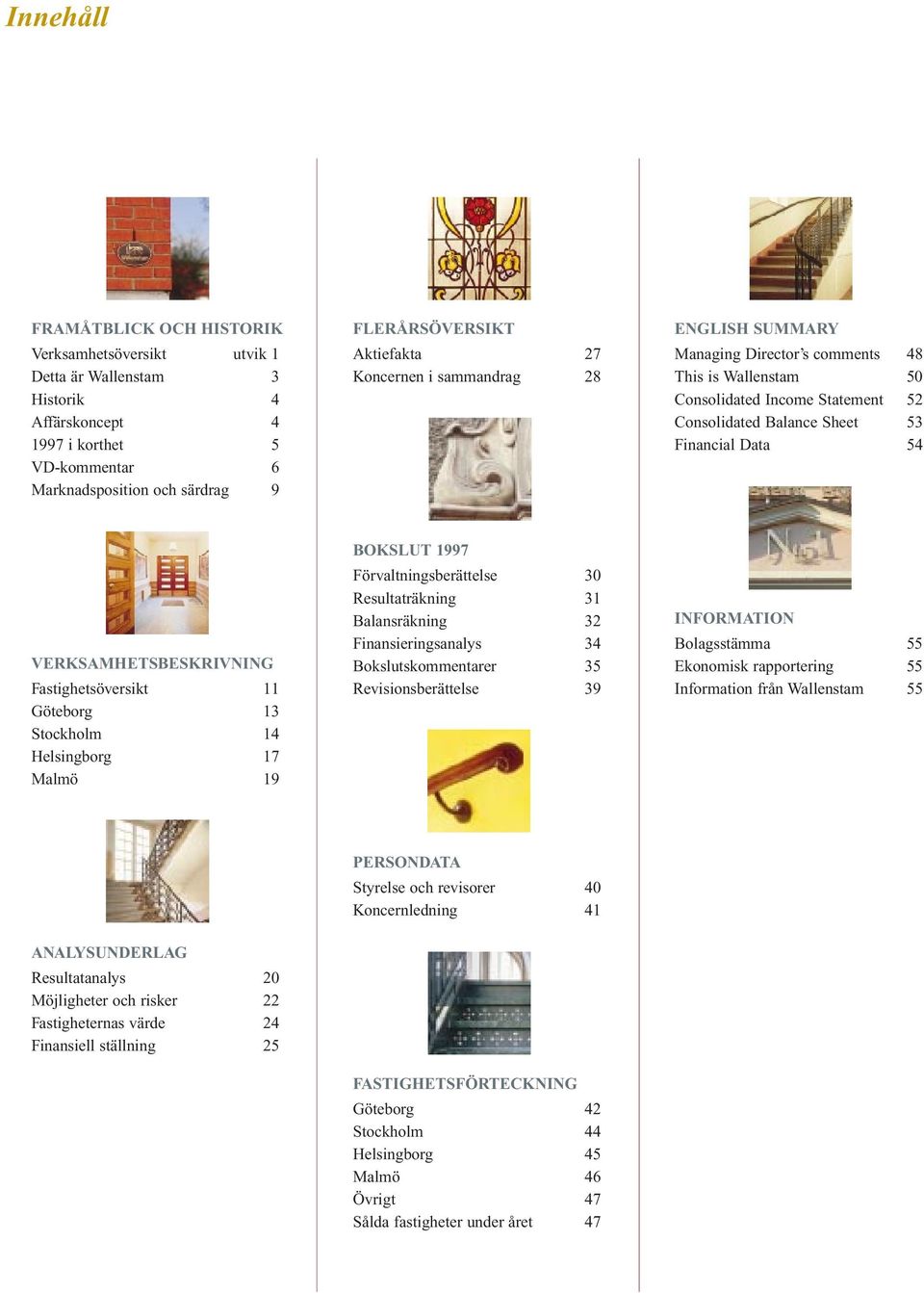 VERKSAMHETSBESKRIVNING Fastighetsöversikt 11 Göteborg 13 Stockholm 14 Helsingborg 17 Malmö 19 BOKSLUT 1997 Förvaltningsberättelse 30 Resultaträkning 31 Balansräkning 32 Finansieringsanalys 34