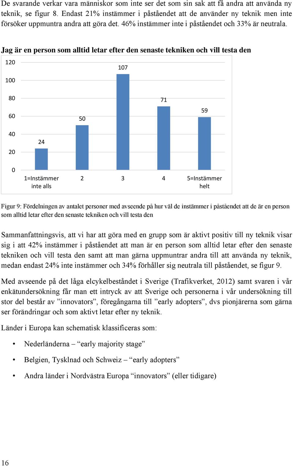 Jag är en person som alltid letar efter den senaste tekniken och vill testa den 120 107 100 80 60 50 71 59 40 20 24 0 1=Instämmer inte alls 2 3 4 5=Instämmer helt Figur 9: Fördelningen av antalet