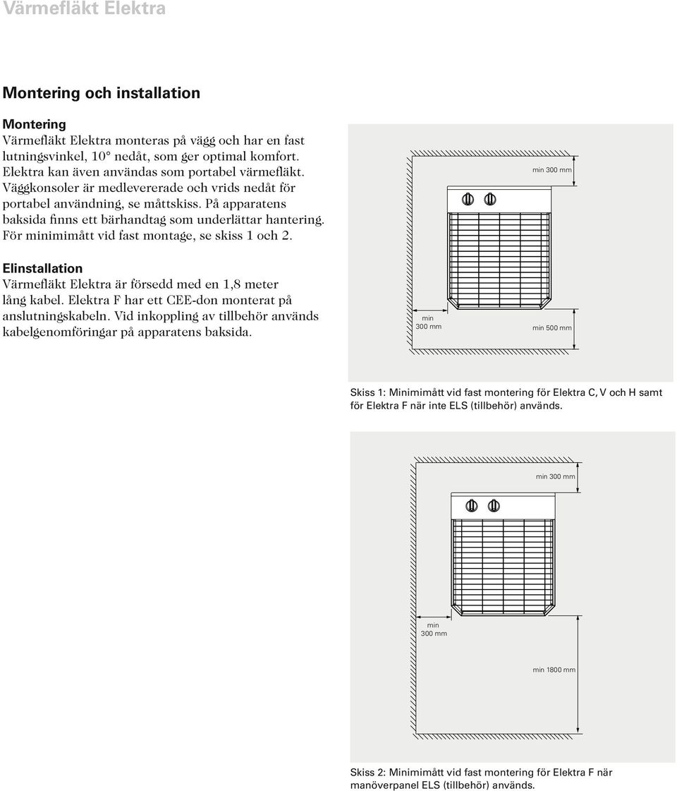 För minimimått vid fast montage, se skiss 1 och 2. min 300 mm Elinstallation Värmefläkt Elektra är försedd med en 1,8 meter lång kabel. Elektra F har ett CEE-don monterat på anslutningskabeln.