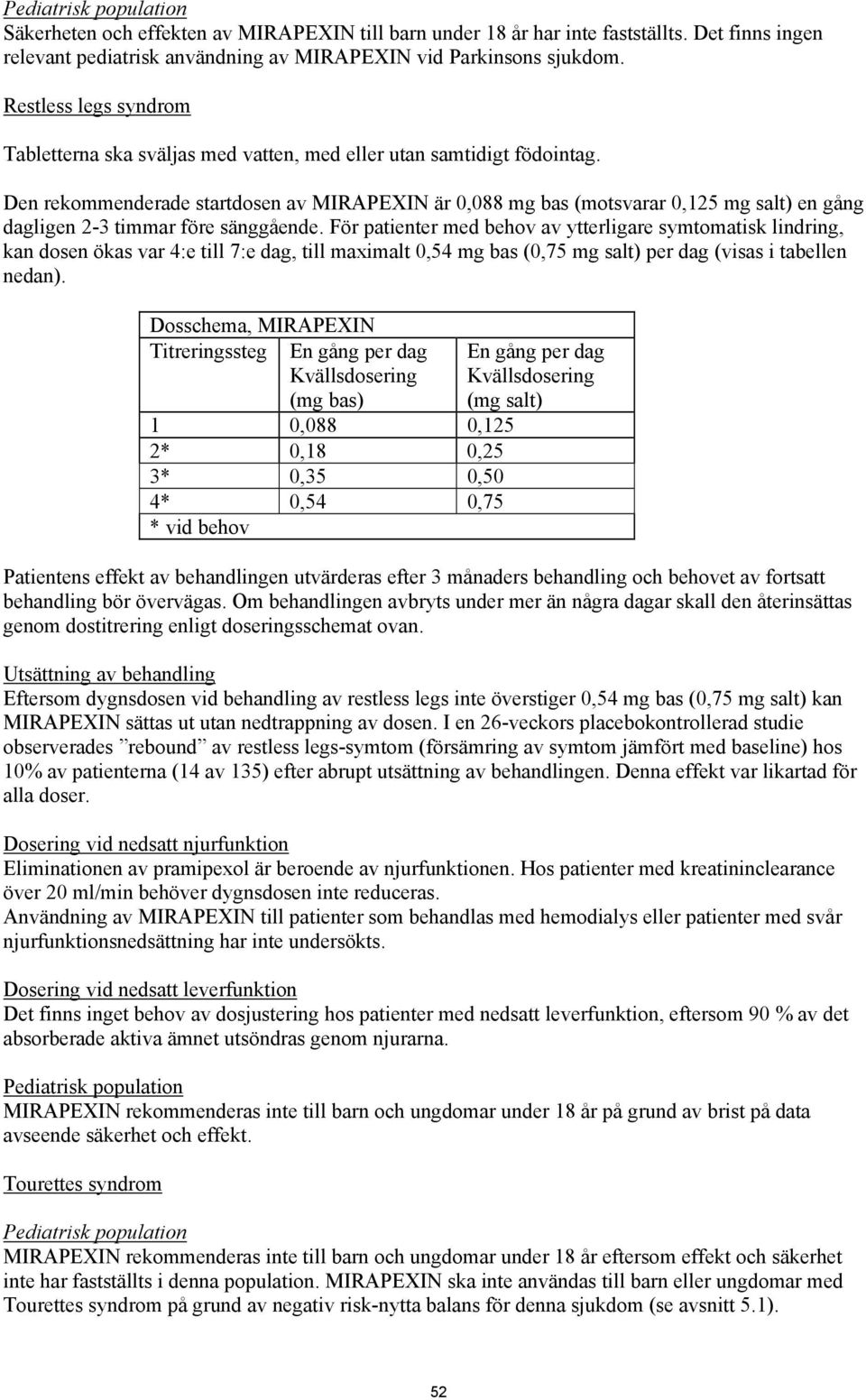 Den rekommenderade startdosen av MIRAPEXIN är 0,088 mg bas (motsvarar 0,125 mg salt) en gång dagligen 2-3 timmar före sänggående.