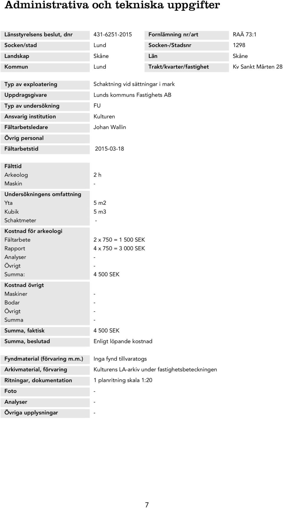 Fältarbetsledare Johan Wallin Övrig personal Fältarbetstid 2015-03-18 Fälttid Arkeolog 2 h Maskin - Undersökningens omfattning Yta 5 m2 Kubik 5 m3 Schaktmeter - Kostnad för arkeologi Fältarbete 2 x