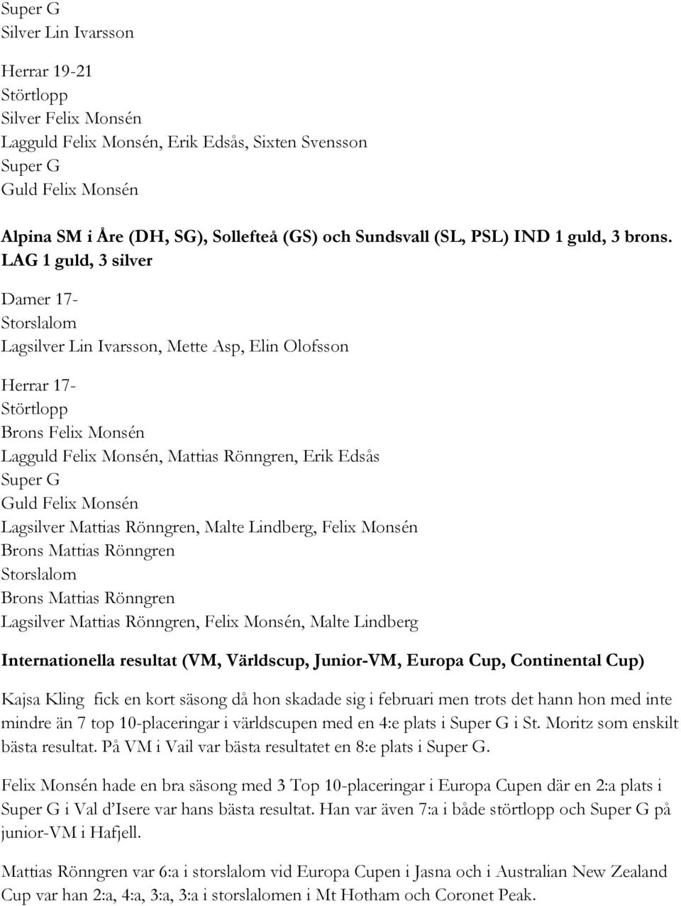 LAG 1 guld, 3 silver Damer 17- Storslalom Lagsilver Lin Ivarsson, Mette Asp, Elin Olofsson Herrar 17- Störtlopp Brons Felix Monsén Lagguld Felix Monsén, Mattias Rönngren, Erik Edsås Super G Guld