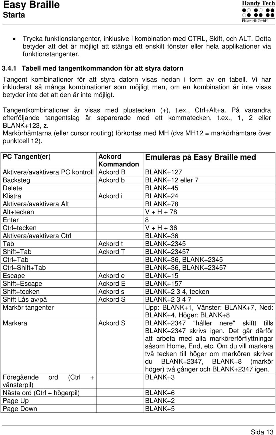 1 Tabell med tangentkommandon för att styra datorn Tangent kombinationer för att styra datorn visas nedan i form av en tabell.