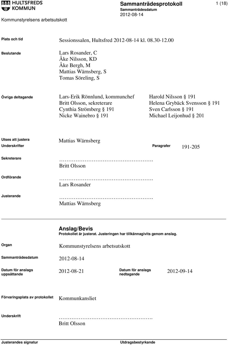 Grybäck Svensson 191 Cynthia Strömberg 191 Sven Carlsson 191 Nicke Wainebro 191 Michael Leijonhud 201 Mattias Wärnsberg Utses att justera Underskrifter Paragrafer 191-205 Sekreterare Ordförande