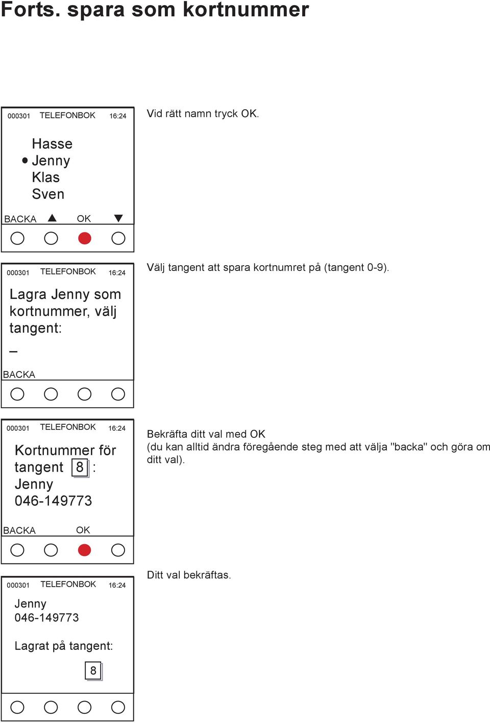 Lagra Jenny som kortnummer, välj tangent: _ BACKA 000301 TELEFONBOK 16:24 Kortnummer för tangent 8 : Jenny 046-149773