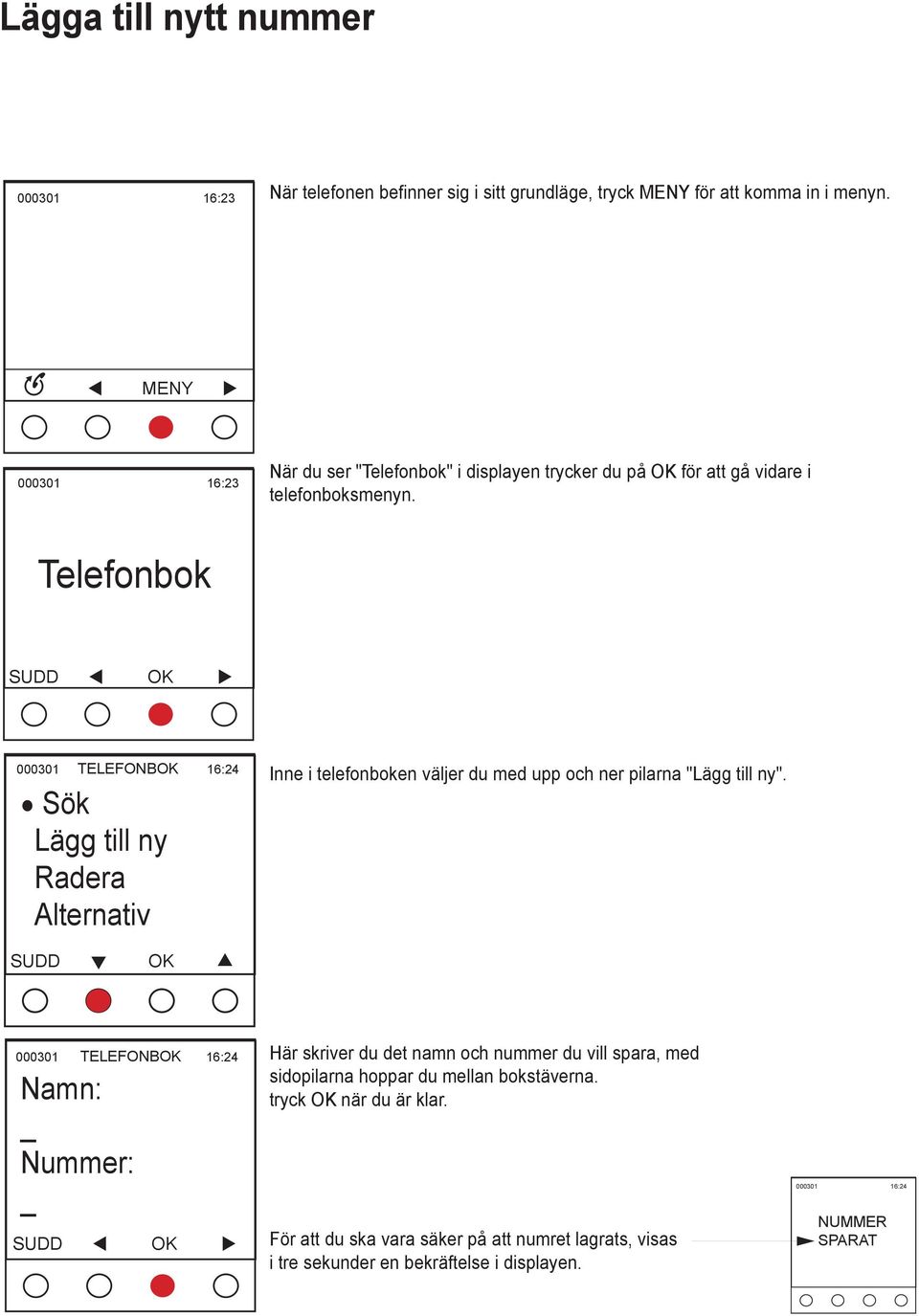 Telefonbok SUDD OK 000301 TELEFONBOK 16:24 Sök Lägg till ny Radera Alternativ Inne i telefonboken väljer du med upp och ner pilarna "Lägg till ny".