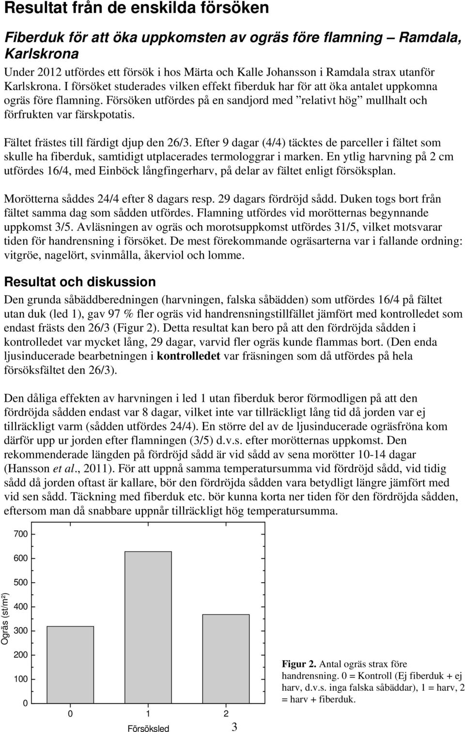 Försöken utfördes på en sandjord med relativt hög mullhalt och förfrukten var färskpotatis. Fältet frästes till färdigt djup den 26/3.