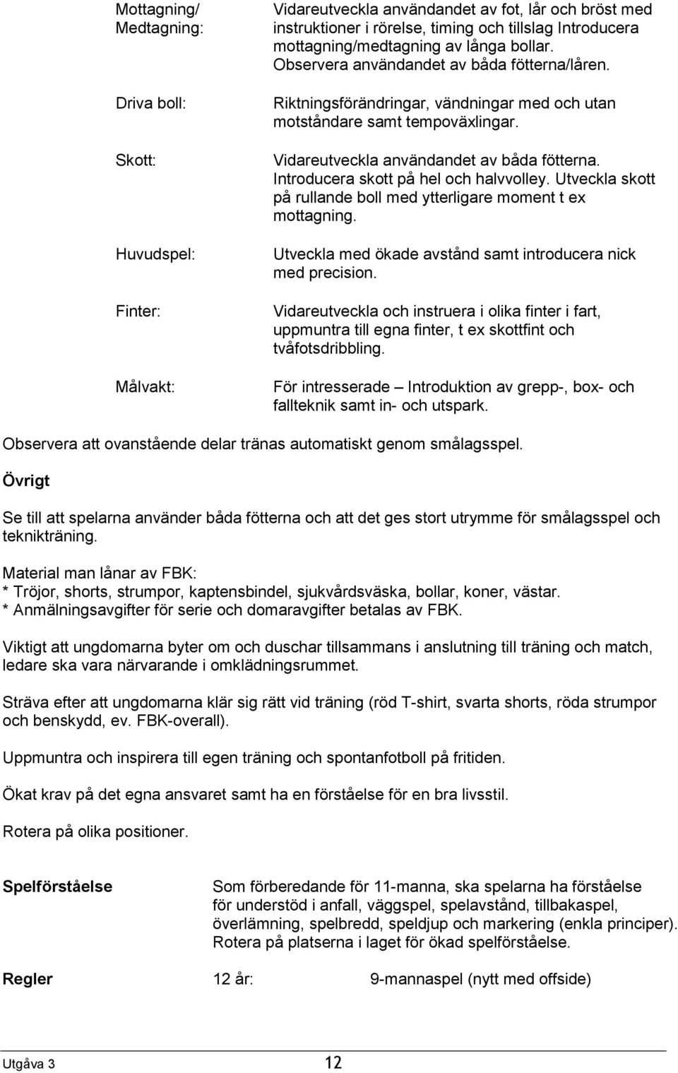 Vidareutveckla användandet av båda fötterna. Introducera skott på hel och halvvolley. Utveckla skott på rullande boll med ytterligare moment t ex mottagning.