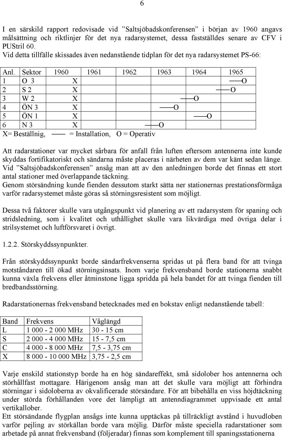 Sektor 1960 1961 1962 1963 1964 1965 1 O 3 X O 2 S 2 X O 3 W 2 X O 4 ÖN 3 X O 5 ÖN 1 X O 6 N 3 X O X= Beställnig, = Installation, O = Operativ Att radarstationer var mycket sårbara för anfall från