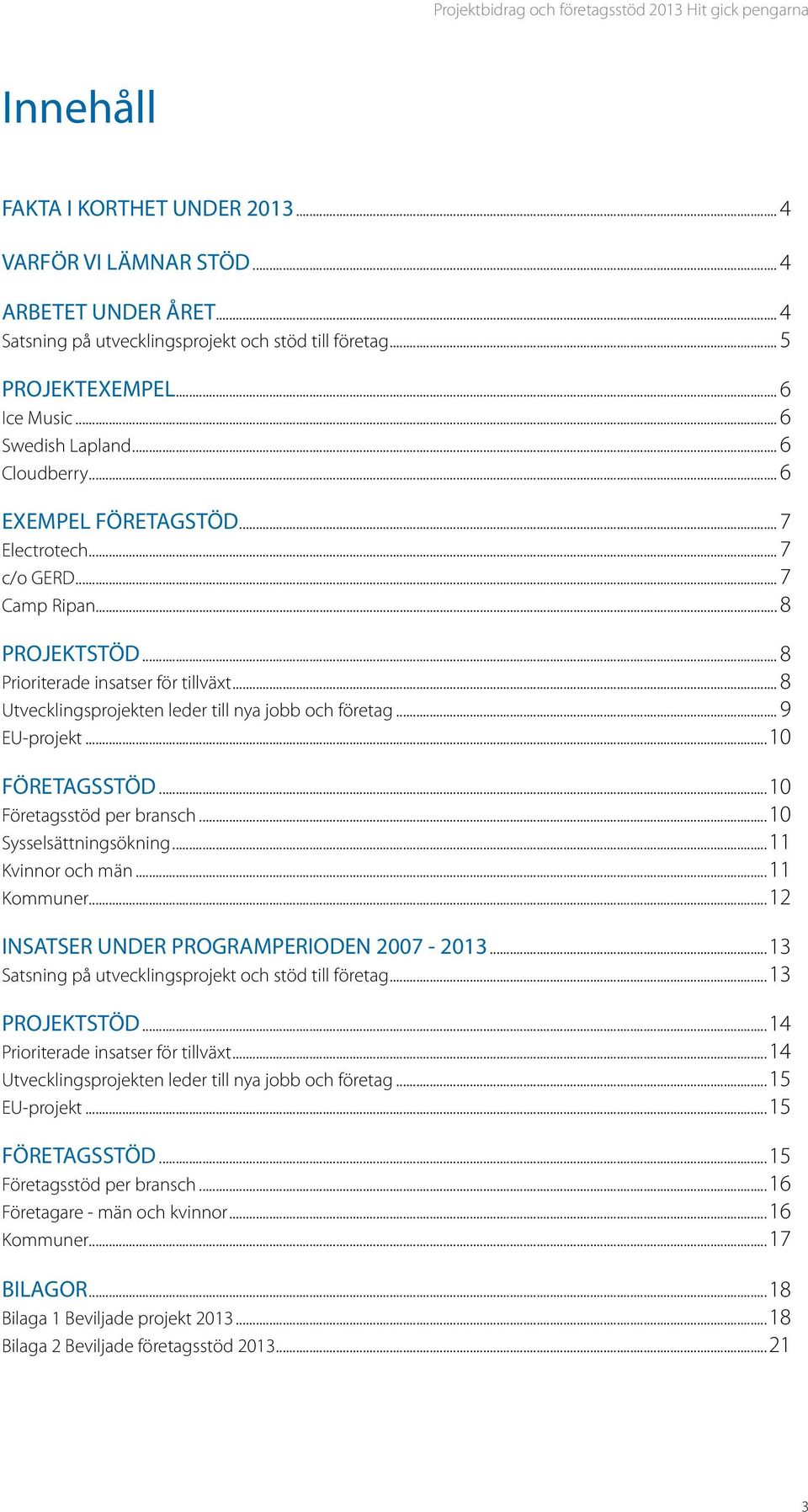 .. 8 Utvecklingsprojekten leder till nya jobb och företag... 9 EU-projekt...10 FÖRETAGSSTÖD...10 Företagsstöd per bransch...10 Sysselsättningsökning...11 Kvinnor och män...11 Kommuner.