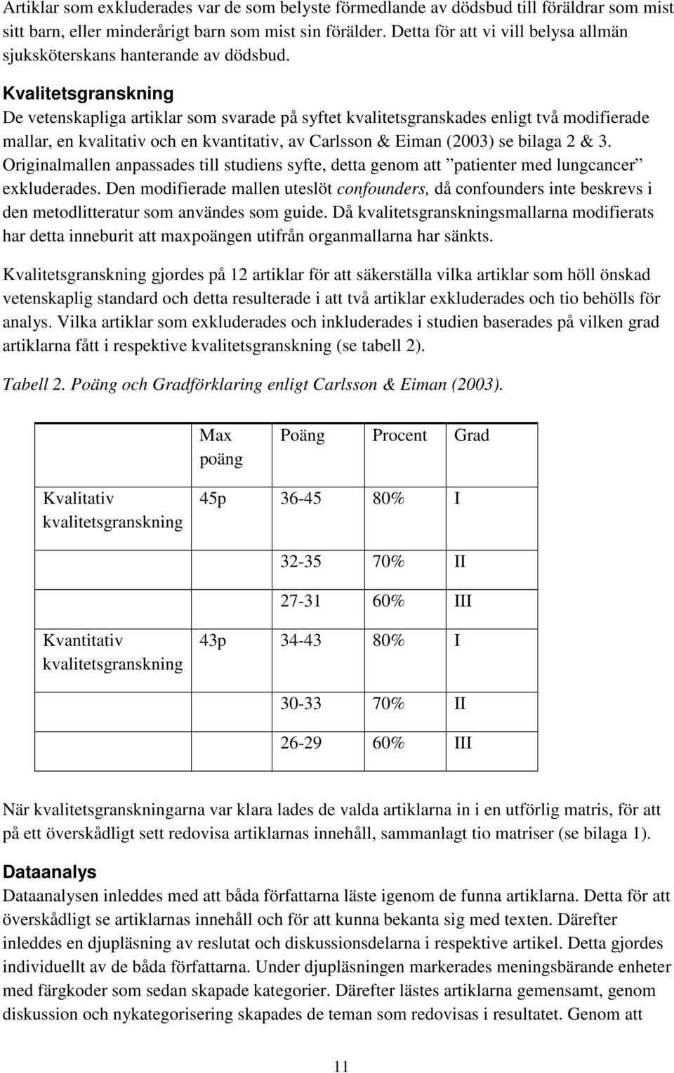 Kvalitetsgranskning De vetenskapliga artiklar som svarade på syftet kvalitetsgranskades enligt två modifierade mallar, en kvalitativ och en kvantitativ, av Carlsson & Eiman (2003) se bilaga 2 & 3.